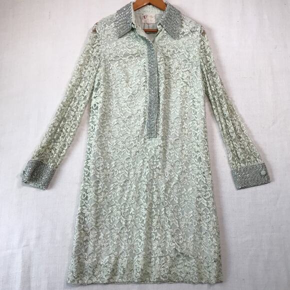 Valentina Ltd 1960s Embroidered Beaded Lace Long Sleeve Tunic Dress 14 VTG 10 to - Picture 11 of 16